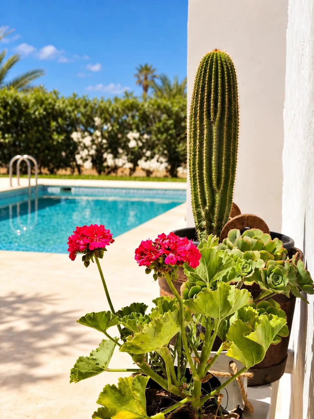Cactus et géraniums rouges au bord de la piscine