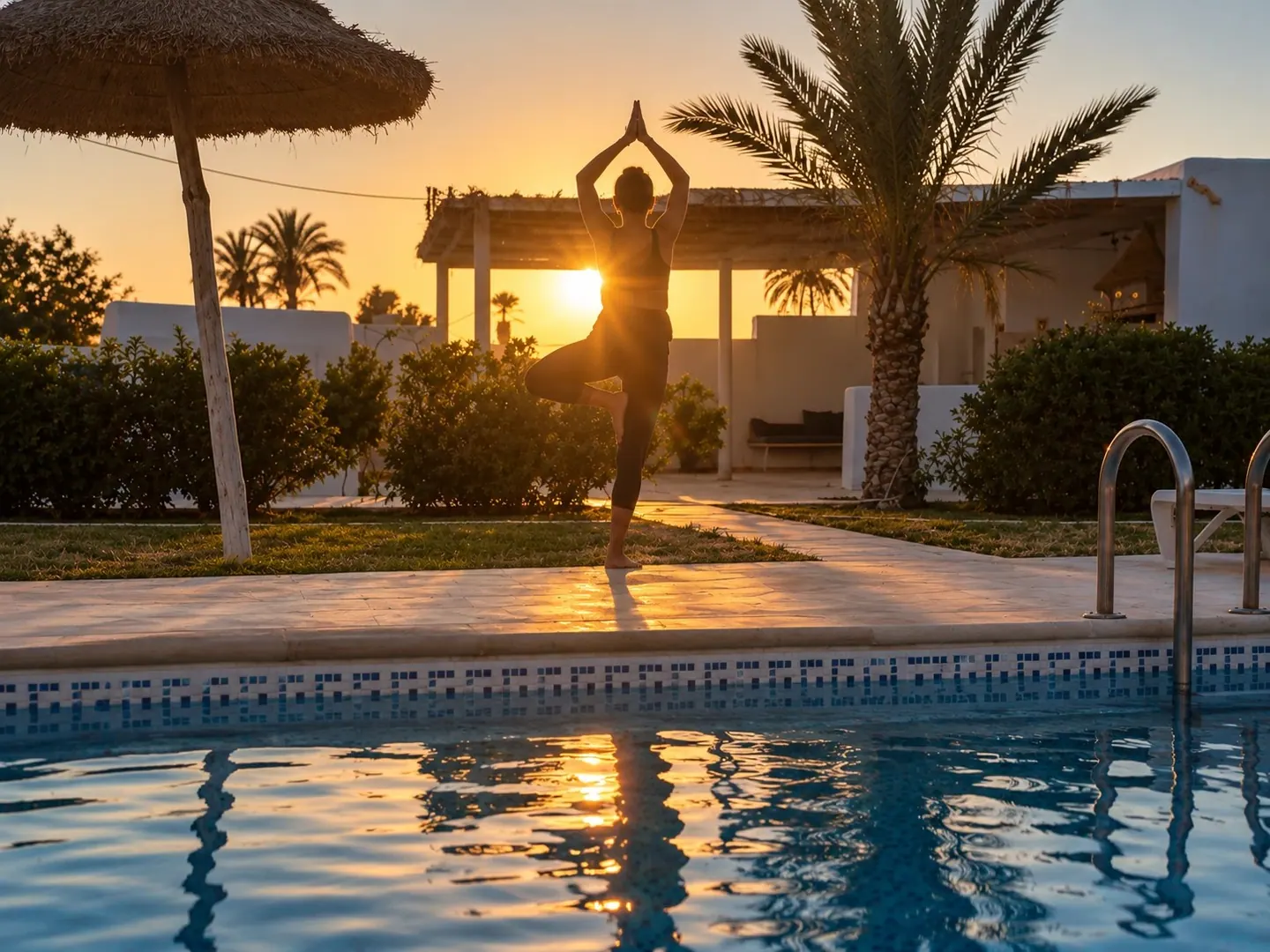 Yoga au soleil couchant au bord de la piscine, entre parasol en paille et palmiers