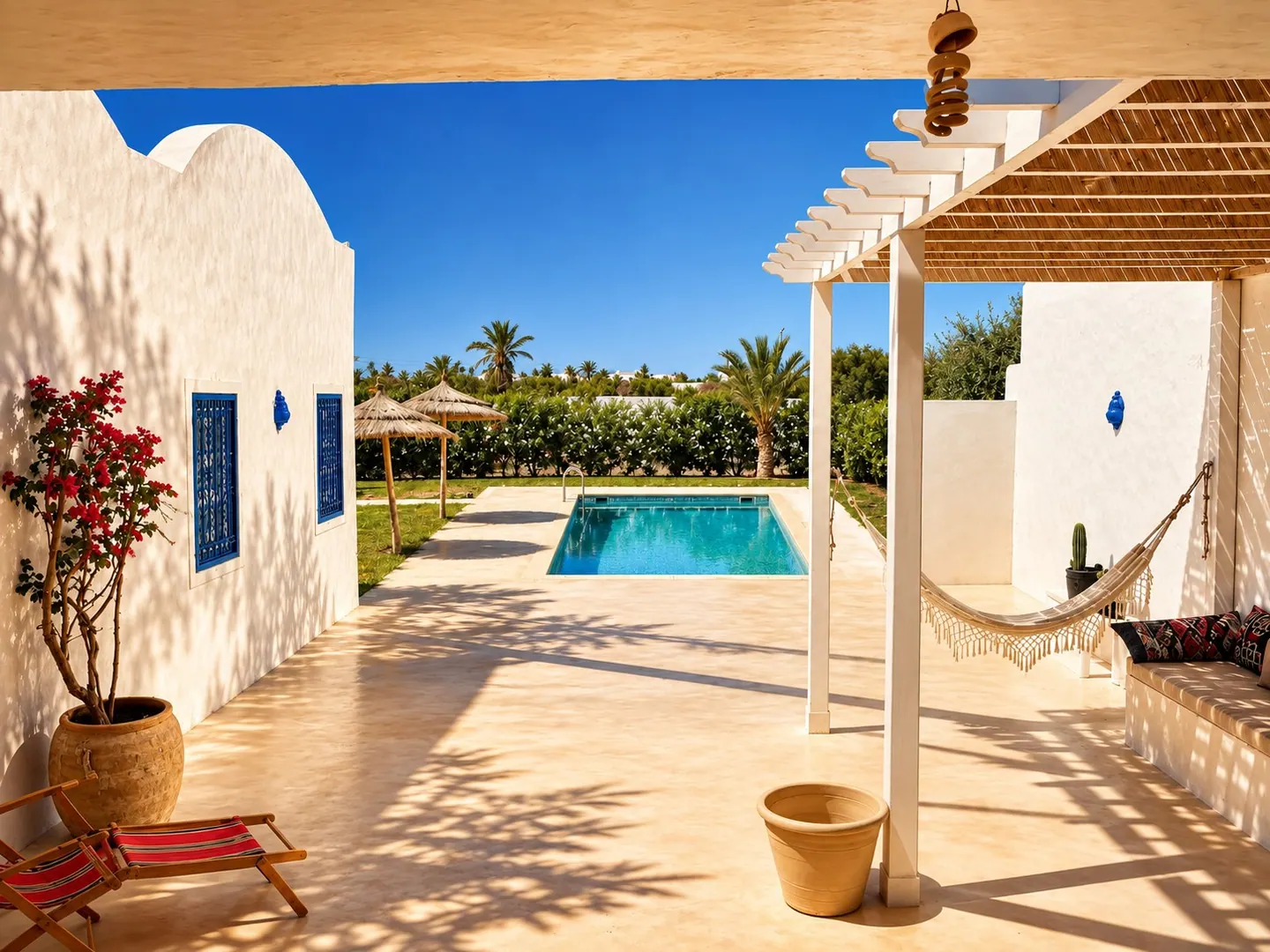 Murs blanchis à la chaux et coupoles, pergola, hamac et piscine sous le ciel de Djerba