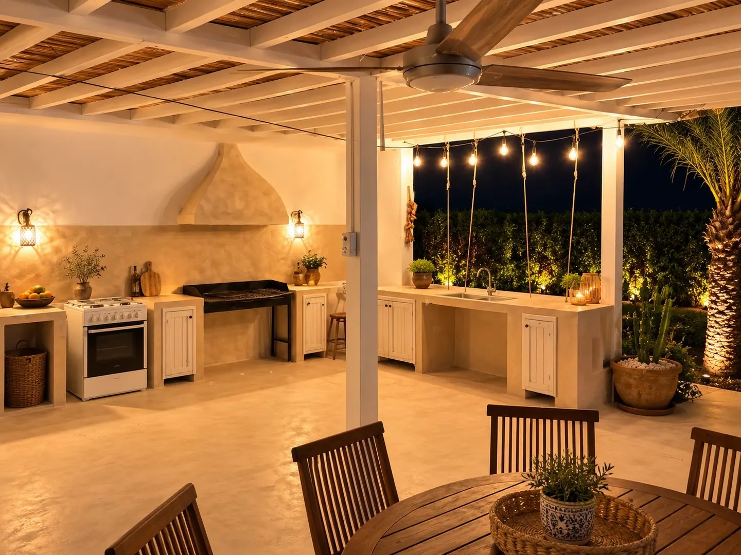 Cuisine d’été équipée sous la pergola, éclairée par des guirlandes