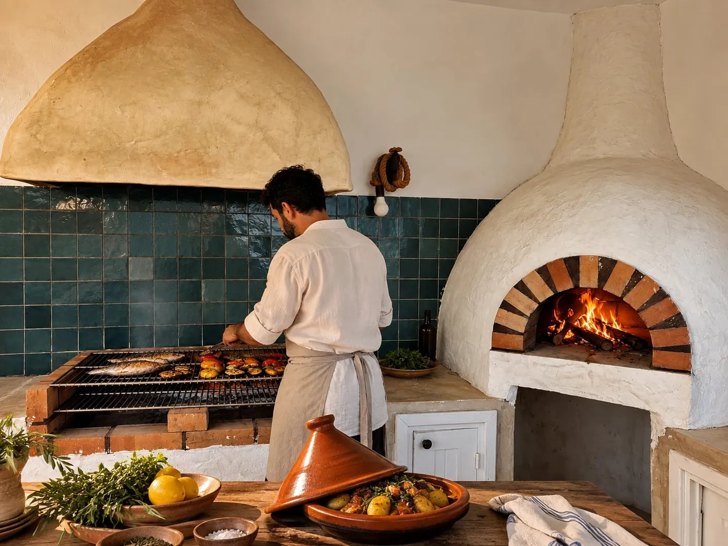 Poissons et légumes sur le grill de la cuisine d’été, à côté du four à pizza au feu de bois