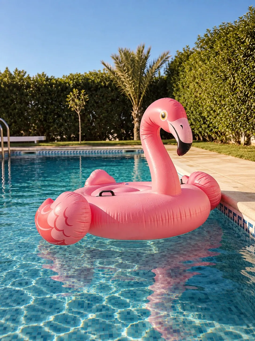 Bouée flamant rose dans la piscine