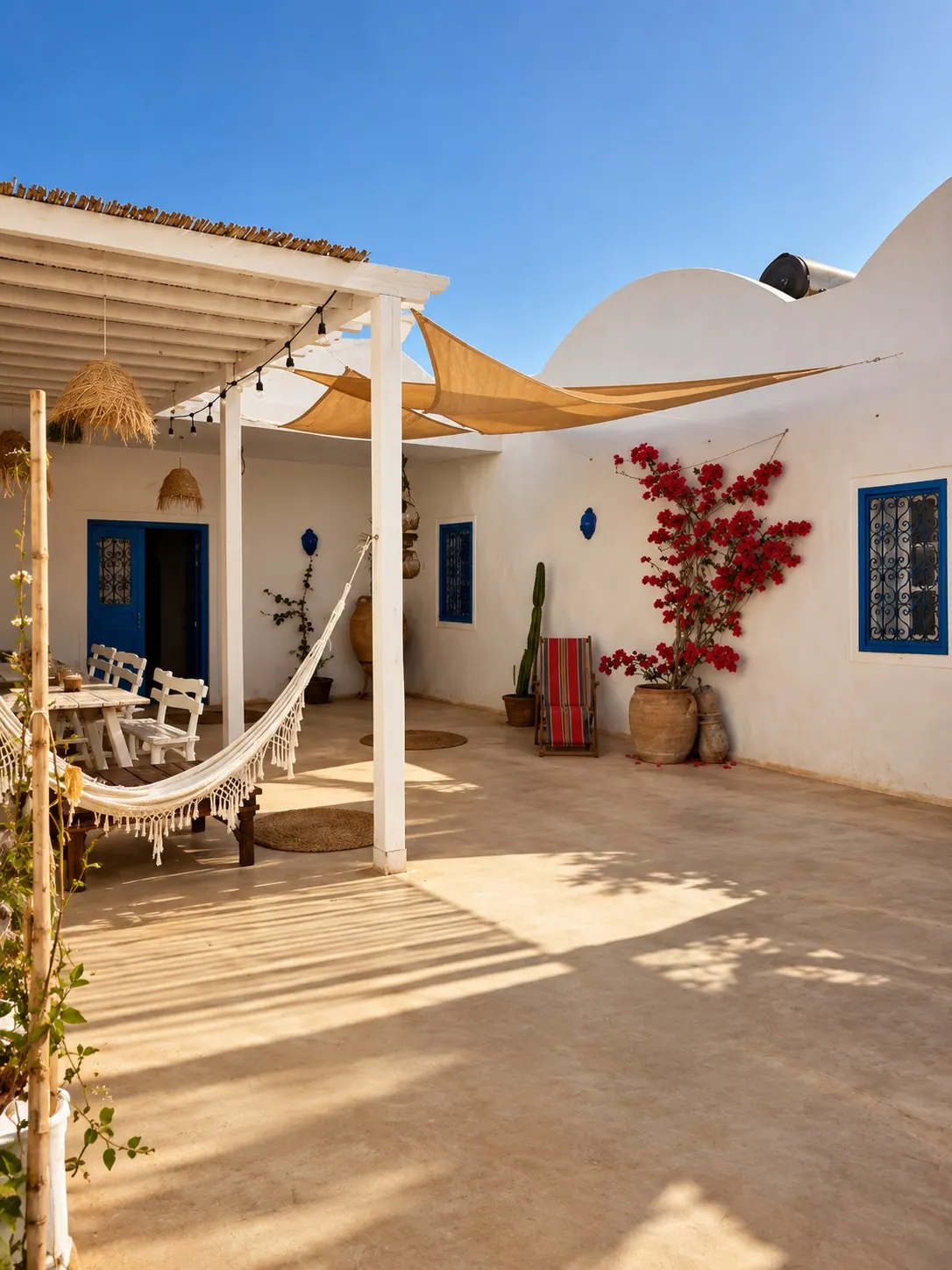 Patio avec coupole, hamac et portes bleues