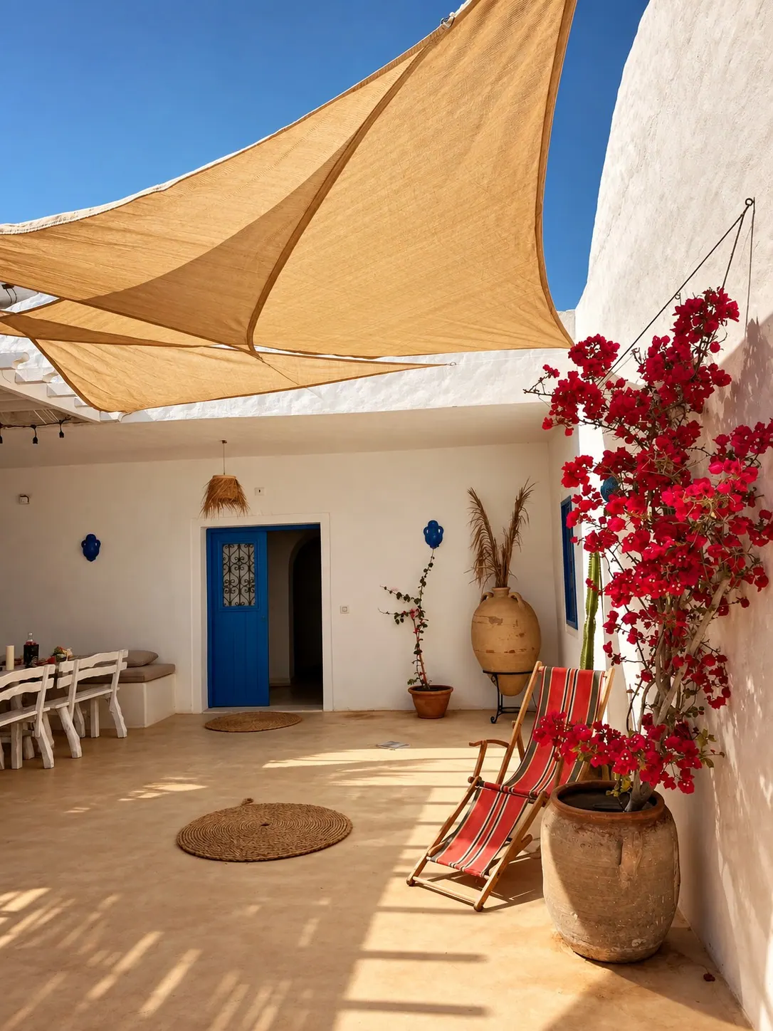 Patio sous une voile d’ombrage, bougainvillier et porte bleue