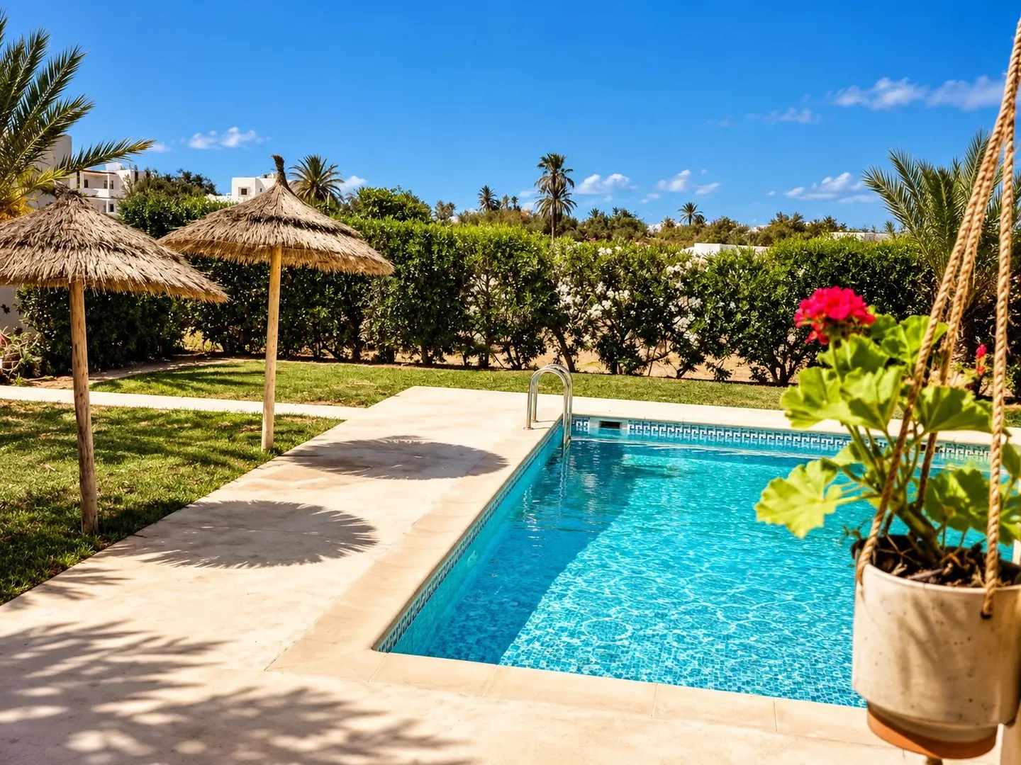 Piscine privée entourée de pelouse, de parasols en paille et de haies