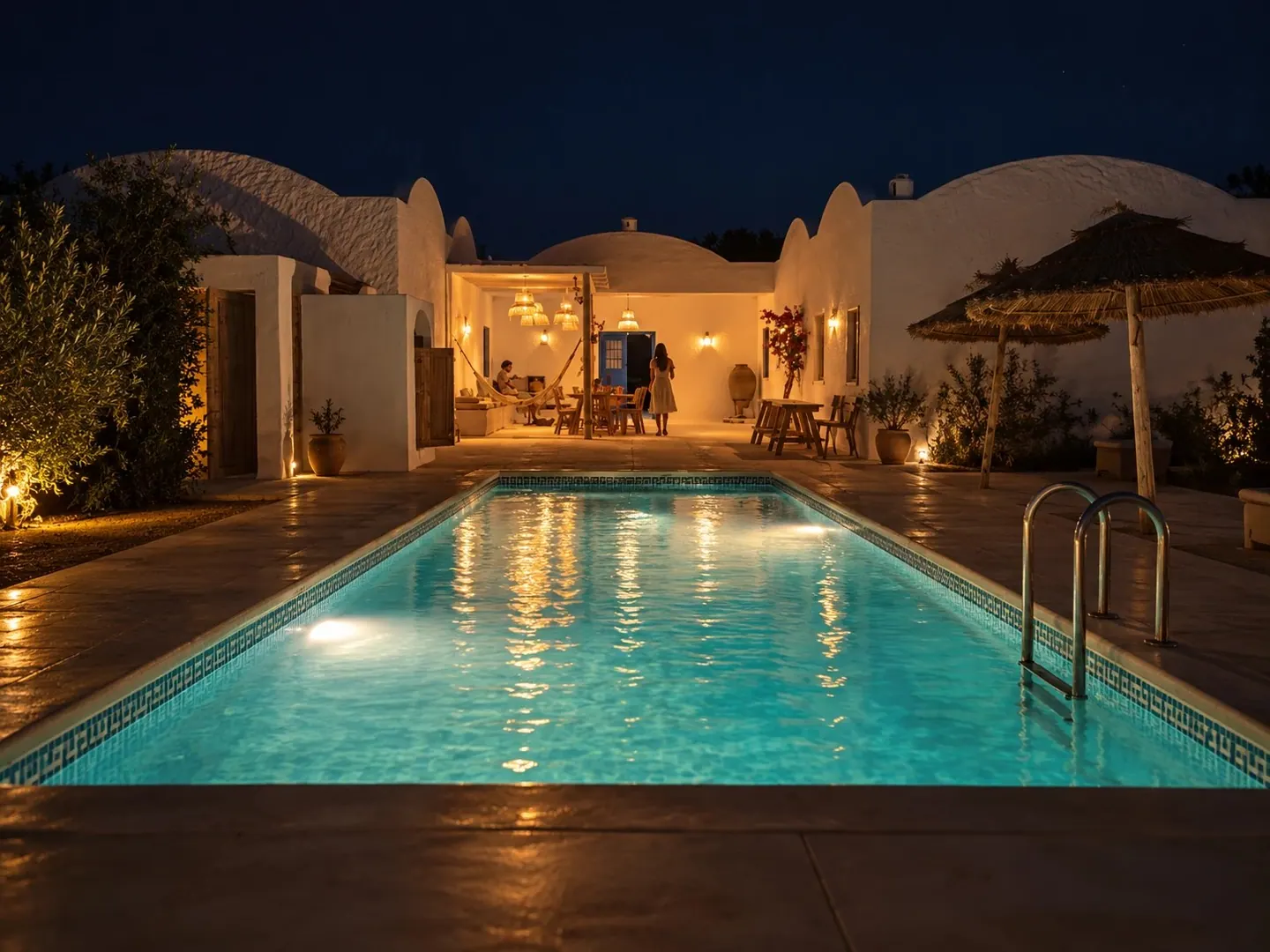 Piscine éclairée la nuit devant la villa, ses coupoles blanches et la terrasse illuminée