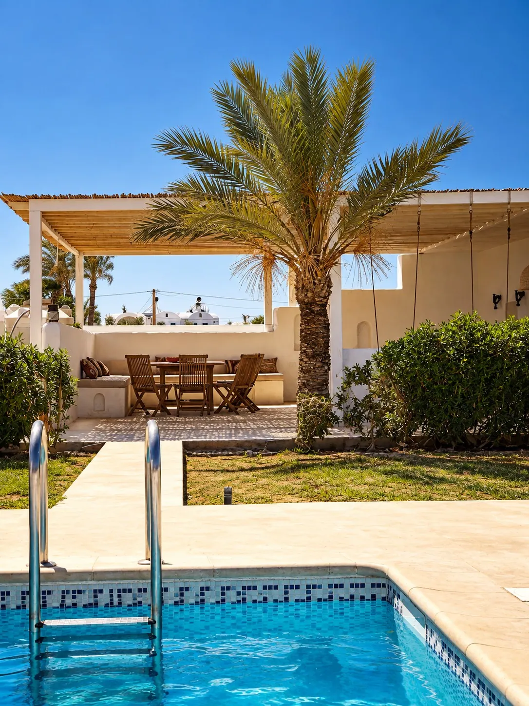 Piscine, palmier et terrasse sous pergola