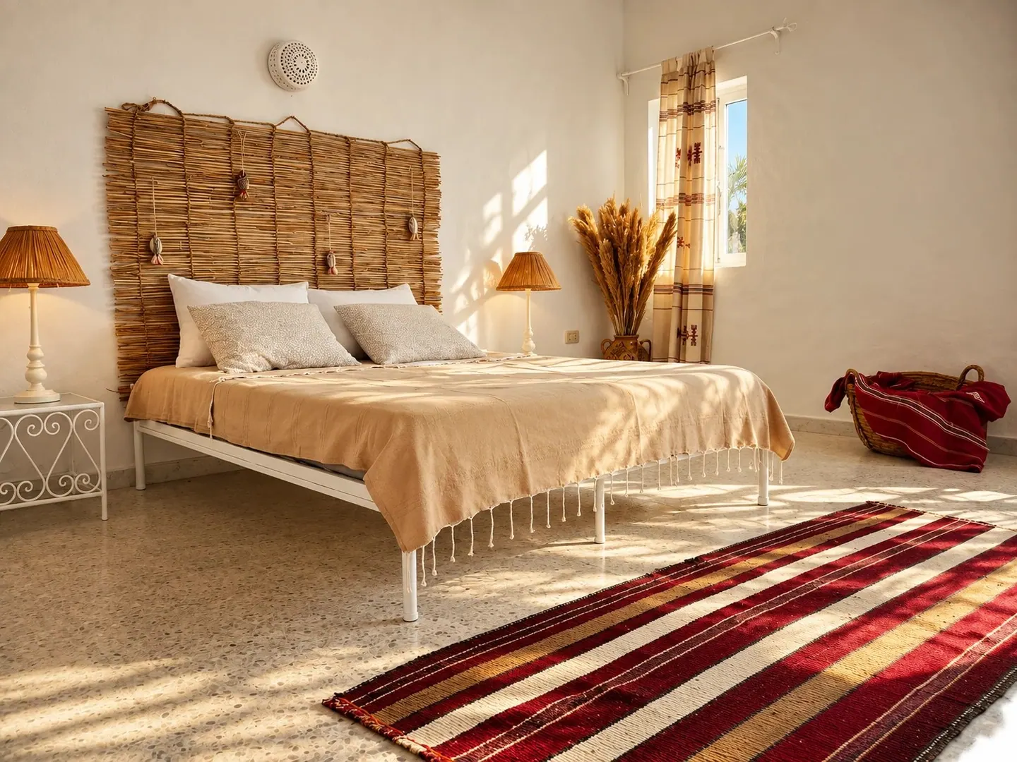 Suite avec tête de lit tressée, lampes de chevet et tapis tissé