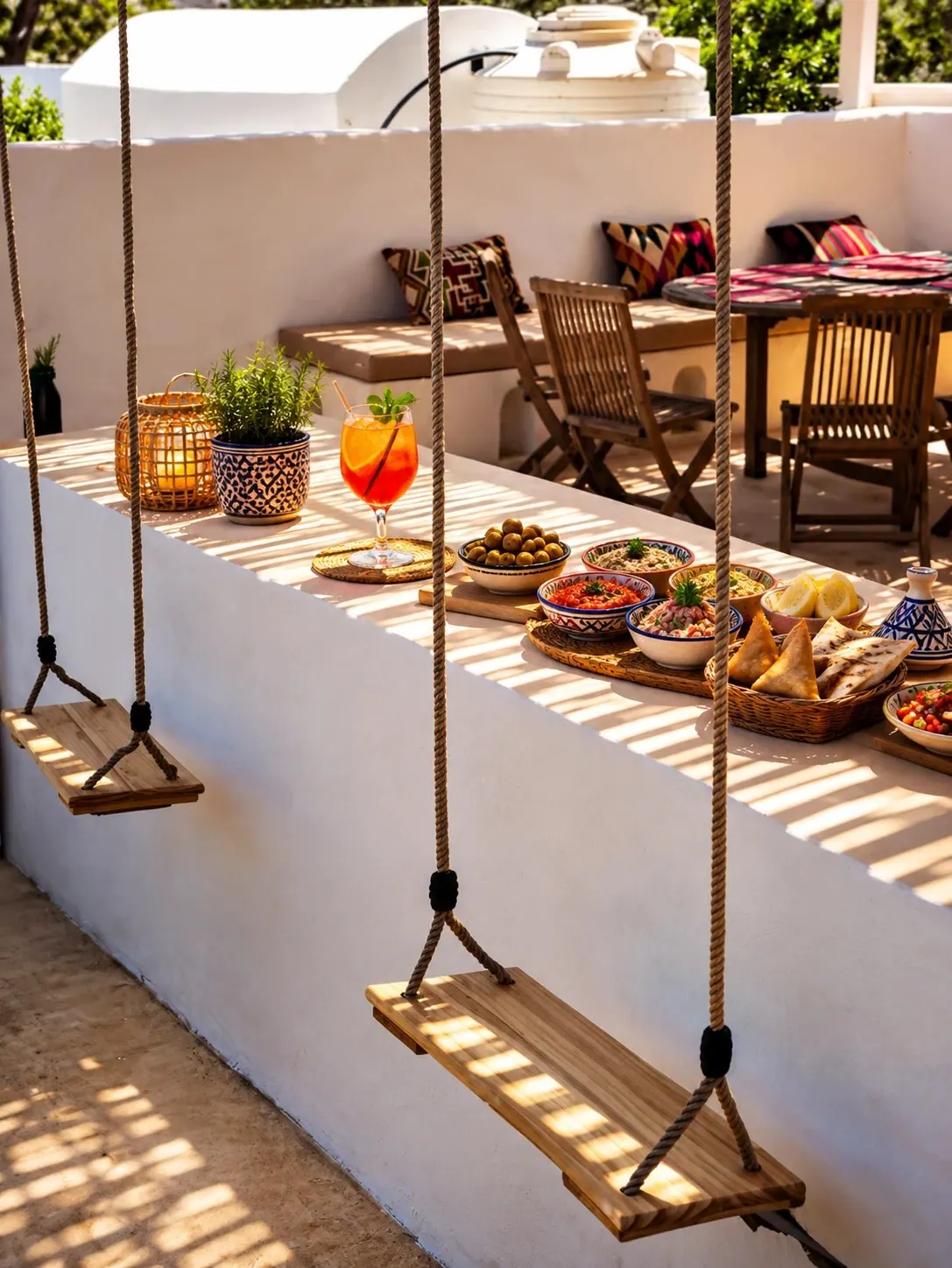 Balançoires en bois et mezzés servis sur la terrasse, banquette et coussins